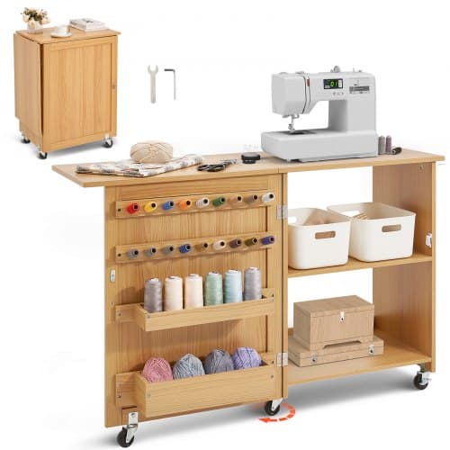 de2FFRZJYXXKZDBH6WYM1V02Fgoods_img-v12Fsewing-table-m100-1.2.jpg Sulankstomas Siuvimo Mašinos Stalas su Ratukais ir Lentynomis, 1170 x 400 x 778 mm - Image 1