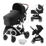 Vežimėlis su reguliuojamu atlošu ir kojų atrama, juodas