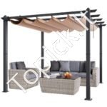 3 × 3 m ištraukiama pavėsinė su saulės atspalvio stogeliu, smėlio spalvos aliuminio konstrukcija.