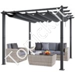 3 × 3 m ištraukiama pavėsinė su saulės atspalvio stogeliu, pilka aliuminio konstrukcija.