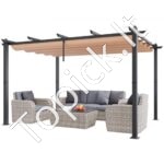 3 × 4 m ištraukiama pavėsinė su saulės atspalvio stogeliu, smėlio spalvos aliuminio konstrukcija.