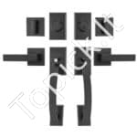 Dvigubų durų išlenktos rankenos, matinė juoda, su užraktu.