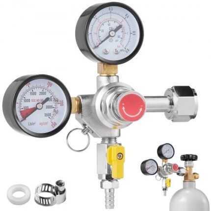 Dvigubas CO2 reguliatorius su 0-60PSI manometru, atbuliniu vožtuvu ir CGA320.