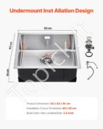 Įmontuojama virtuvės kriauklė su vienu dubeniu, nerūdijančio plieno, 50 x 43 x 19 cm. - Image 3