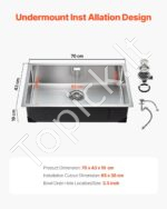 Įmontuojama virtuvės kriauklė, viena dubuo, nerūdijančio plieno, 70 x 43 x 19 cm. - Image 3