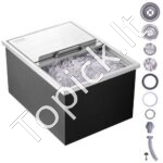 Įmontuojama 55,23 L nerūdijančio plieno ledo dėžė su slankiojančiu dangteliu, 608 x 457 x 333 mm, su išleidimo vamzdžiu ir kištuku.