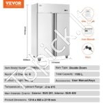 Komercinis šaldytuvas -1100 l, dviejų durų, nerūdijančio plieno, automatinis atitirpimas, 6 lentynos, temperatūra -2–+8 °C, su ratukais - Image 3