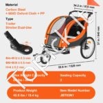 2-in-1 vaikiška dviračio priekaba–vežimėlis 40 kg – sulankstoma dvivietė priekaba vaikams su stumimo funkcija - Image 6