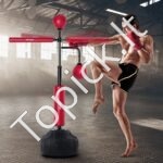 Reguliuojamas bokso refleksinis maišas su stovu ir pirštinėmis – raudonas, treniruotėms namuose ir sporto salėje - Image 2
