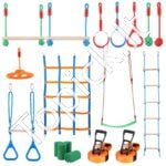 Ninja kliūčių trasa vaikams su 12 kliūčių – Slackline rinkinys 2 x 19,8 m, iki 226 kg apkrova, lauko treniruočių ir žaidimų sistema visai šeimai - Image 9