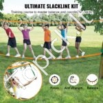 Slackline su kliūtimis vaikams – 2 x 18,3 m juostos + medžių apsauga, iki 226 kg apkrova, ninja kliūčių trasa lauko žaidimams ir treniruotėms (oranžinė) - Image 2