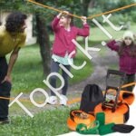 Slackline su kliūtimis vaikams – 2 x 18,3 m juostos + medžių apsauga, iki 226 kg apkrova, ninja kliūčių trasa lauko žaidimams ir treniruotėms (oranžinė) - Image 8