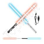 2 vienetų šviesos kardų rinkinys su 7 RGB spalvomis, 775 mm ilgio | Įkraunami, su garso efektais ir metalinėmis rankenomis