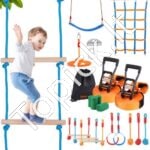 Ninja kliūčių trasa su 12 kliūčių – Slackline rinkinys vaikams 2 x 17 m, iki 226 kg apkrova, lauko treniruočių ir žaidimų trasa kiemui