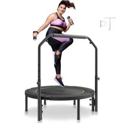 Mini fitneso trampolinas su rankena – 1027 mm, 150 kg talpa, sulankstomas dizainas