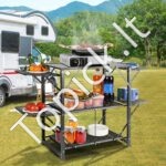 Sulankstomas stovyklavimo virtuvės stalas – aliuminis, su 2 lentynomis, 4 šoninėmis sienelėmis ir nešimo krepšiu - Image 6