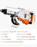 3500W elektrinis griovimo plaktukas su 60J smūgio jėga ir 2 kaltų rinkiniu – ekstremaliai galingas įrankis betono ardymui - Image 4