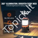 LED stovyklavimo prožektorius – 1000 lm – įkraunama kempingo lempa su šviesos režimais ir rankena - Image 2