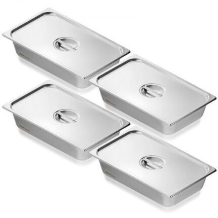 4 vnt. GN 1/1 nerūdijančio plieno indų su dangčiais rinkinys – 530 × 326 × 107 mm, 13,9 l talpa