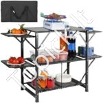 Sulankstomas stovyklavimo virtuvės stalas – aliuminis, su 2 lentynomis, 4 šoninėmis sienelėmis ir nešimo krepšiu