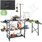 Sulankstomas stovyklavimo virtuvės stalas su plautuve – nešiojama gaminimo stotis su lentynomis ir stalviršiais