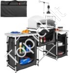 Sulankstomas stovyklavimo virtuvės stalas su 3 spintelėmis – aliuminio konstrukcija, vėjo apsauga ir laikymo krepšys