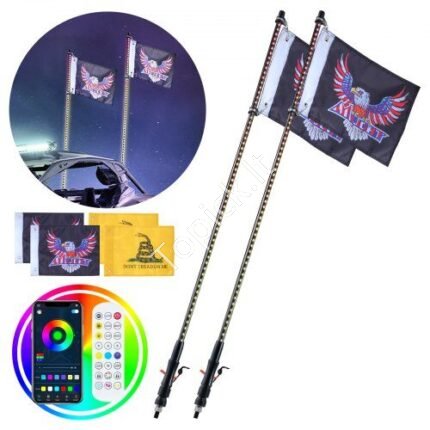 2 vnt. 91 cm Spiralės RGB LED Juostų Rinkinys su Programėle ir Pulteliu | Vėliavos Komplekte | UTV / ATV / RZR / Motociklams
