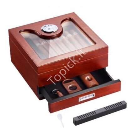 Cigarų humidoras su stalčiumi ir stikliniu dangčiu – 20–35 cigarų talpa, kedro mediena, elegantiška dėžutė saugojimui