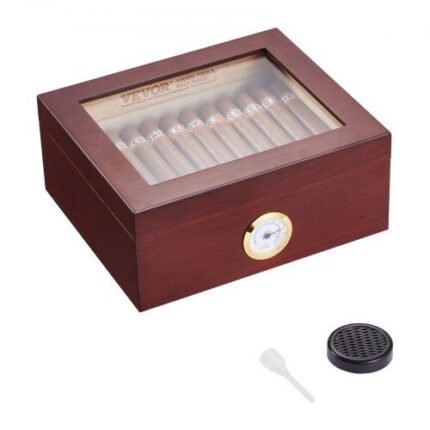 Cigarų humidoras su stikliniu dangteliu – iki 50 cigarų, kedro medienos dėžė, 26 × 22 × 11 cm