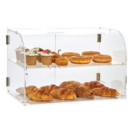 3 Aukštų Skaidri Kepinių Vitrina – 55,8 x 35,6 x 35,6 cm, Akrilas, Dvigubi Vyrių Tvirtinimai, Nuimami Padėklai