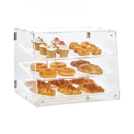 3 Aukštų Skaidri Kepinių Vitrina su Galiniu Priėjimu – Akrilo Korpusas, Nuimami Padėklai, 52,6 x 36 x 41,5 cm