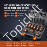 9 dalių smūginis galvučių rinkinys su terkšle ir antgaliais, 1/2 colio, metriniai dydžiai - Image 2