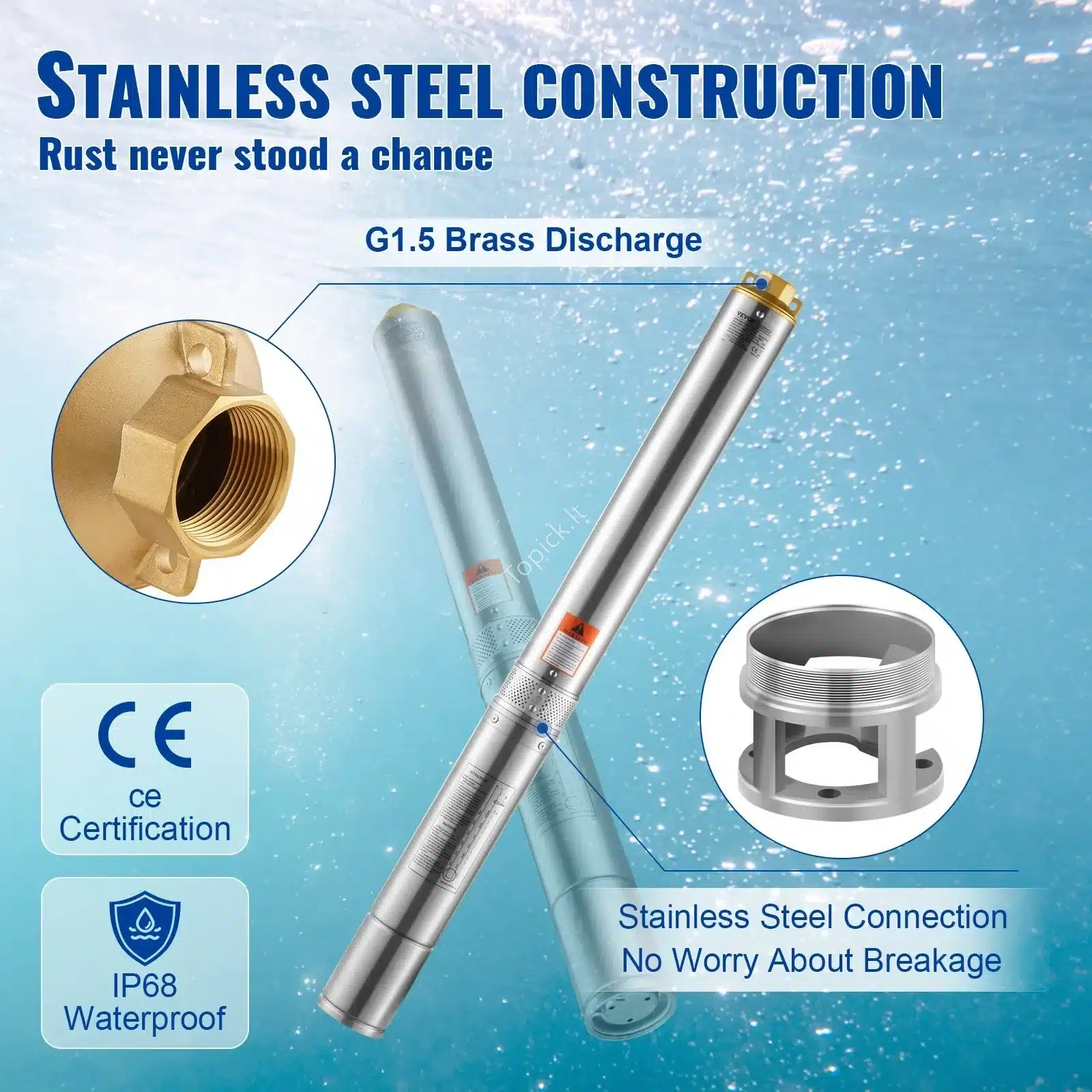 2200 W nerūdijančio plieno giluminė panardinamoji siurbimo pompa – 9,8 m³h (~163 lmin) srautas ir pakėlimo aukštis iki 144 m (2) 2200 W nerūdijančio plieno giluminė panardinamoji siurbimo pompa – 9,8 m³/h (~163 l/min) srautas ir pakėlimo aukštis iki 144 m - Image 6