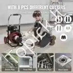 Automatinė vamzdžių valymo mašina | 30 m x 9,5 mm plieninė spiralinė viela | Kanalizacijos valiklis su automatinė vielos įvorka 220V - Image 5