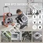 Automatinė vamzdžių valymo mašina su ratais | 22,86 m x 12,7 mm plieninė spiralinė viela | Profesionalus kanalizacijos valiklis 220V - Image 5