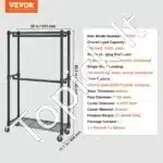 Dvigubas mobilus drabužių stovas su ratukais – 204 cm, reguliuojamas, tvirtas, metalinis - Image 3