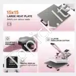 Rožinis universalus terminis presas 38×38 cm, sublimacijai ant marškinėlių, puodelių, kepurių – 8-in-1 - Image 4