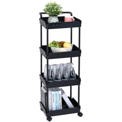 Juodas virtuvinis vežimėlis su 4 lentynomis | 37 cm x 35,5 cm x 106,5 cm | Talpa 60 kg