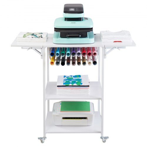 us2FRYJGZTBS3CDGDNP3UV02Fgoods_img-v12Fheat-press-table-m100-1.2.jpg Mobilus 3 aukštų vežimėlis-stovas įrangai ir biurui (baltas) - Image 1