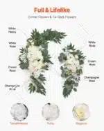 Dirbtinis vestuvių arkos komplektas su gėlėmis ir užvalkėmis – balta - Image 5