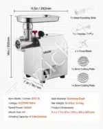 Komercinis elektrinis mėsos malūnėlis 600 W | 2,04 kg/min | Nerūdijantis plienas - Image 7