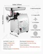 Komercinis elektrinis mėsos malūnėlis 850 W | 2,49 kg/min | Nerūdijančio plieno korpusas - Image 7