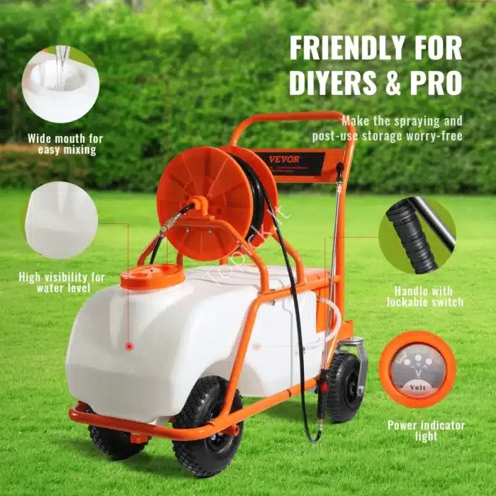 Mobilus akumuliatorinis purkštuvas ant ratų – 60 L talpa, 12 V, 0–90 PSI, 4,1 l/min, ilga žarna - Image 5