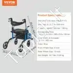 2-in-1 rolatorius ir transporto kėdė, sulankstomas, lengvas aliuminio lydinio rėmas, mėlynas, 20 cm ir 25 cm ratai, iki 136 kg - Image 6
