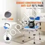 Dušo kėdė su sukamąja 360° sėdyne ir porankiais, balta, aliuminio, atlaiko 181 kg - Image 3
