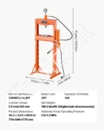 Galingas Hidraulinis-Pneumatinis Presas 20T Dirbtuvėms | 145 mm Eiga | Oranžinis H-Rėmo Plienas - Image 7