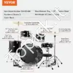 Pilnas 5 dalių akustinių būgnų komplektas su lėkštėmis ir kėdute, juodas - Image 6