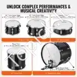 Pilnas 5 dalių akustinių būgnų komplektas su lėkštėmis ir kėdute, juodas - Image 2