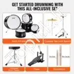 Pilnas 5 dalių vaikiškas būgnų komplektas su kėdute ir lėkštėmis - Image 5