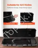 Profesionalus smuiko lagaminas su higrometru 4/4 dydžio, juodas, ~77x25x13 cm, su kuprinės diržais - Image 3